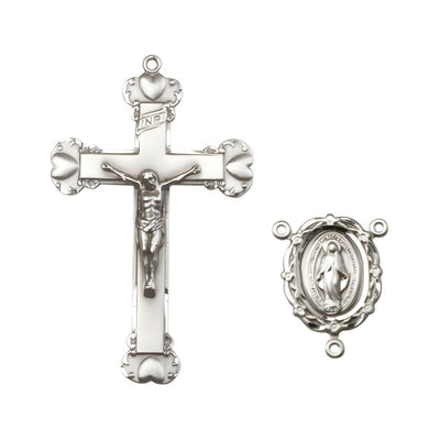 Silver Plate Miraculous Centers each measure 1-inch by 7/8-inch and Silver Plate Crucifix adorned with Hearts is 2 3/8-inch by 1 1/2-inch, Bliss Manufacturing