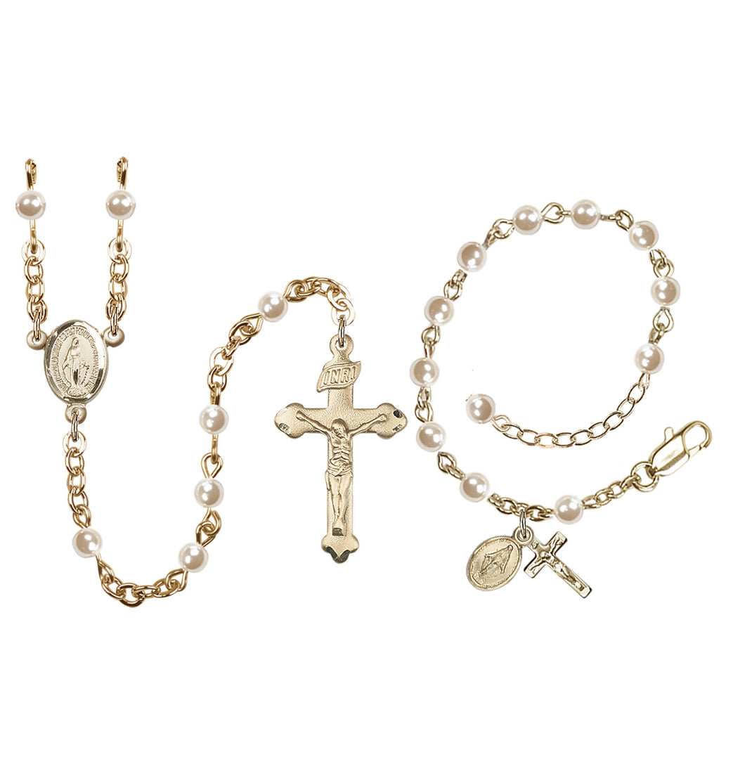 Bliss Baby's Miraculous Gold-plated Imitation Pearl Bracelet and Rosary Set,