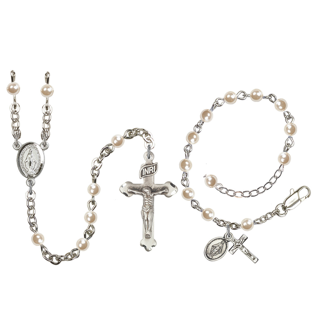 Bliss Baby's Miraculous Silver-plated Imitation Pearl Bracelet and Rosary Set,