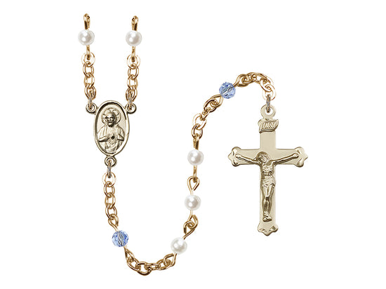 Sacred Heart Scapular Gold-plated Light Sapphire Crystal and Imitation Pearl Rosary