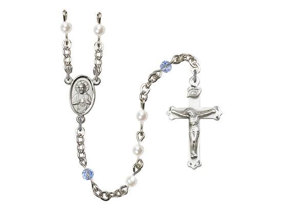 Sacred Heart Scapular Silver-plated Lt Sapphire Crystal and Imitation Pearl Rosary