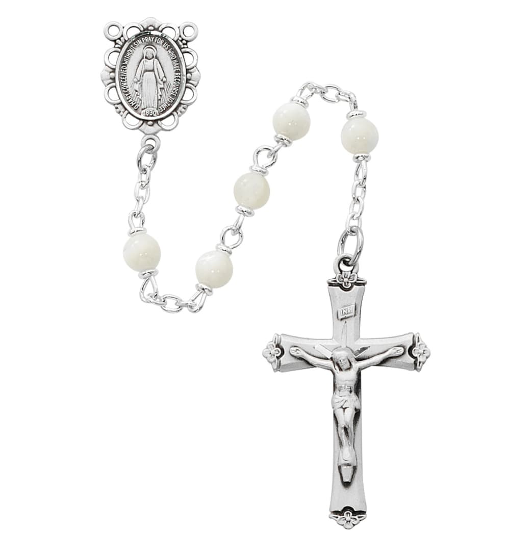 McVan 5mm Genuine Mother of Pearl Bead Pewter Rosary,