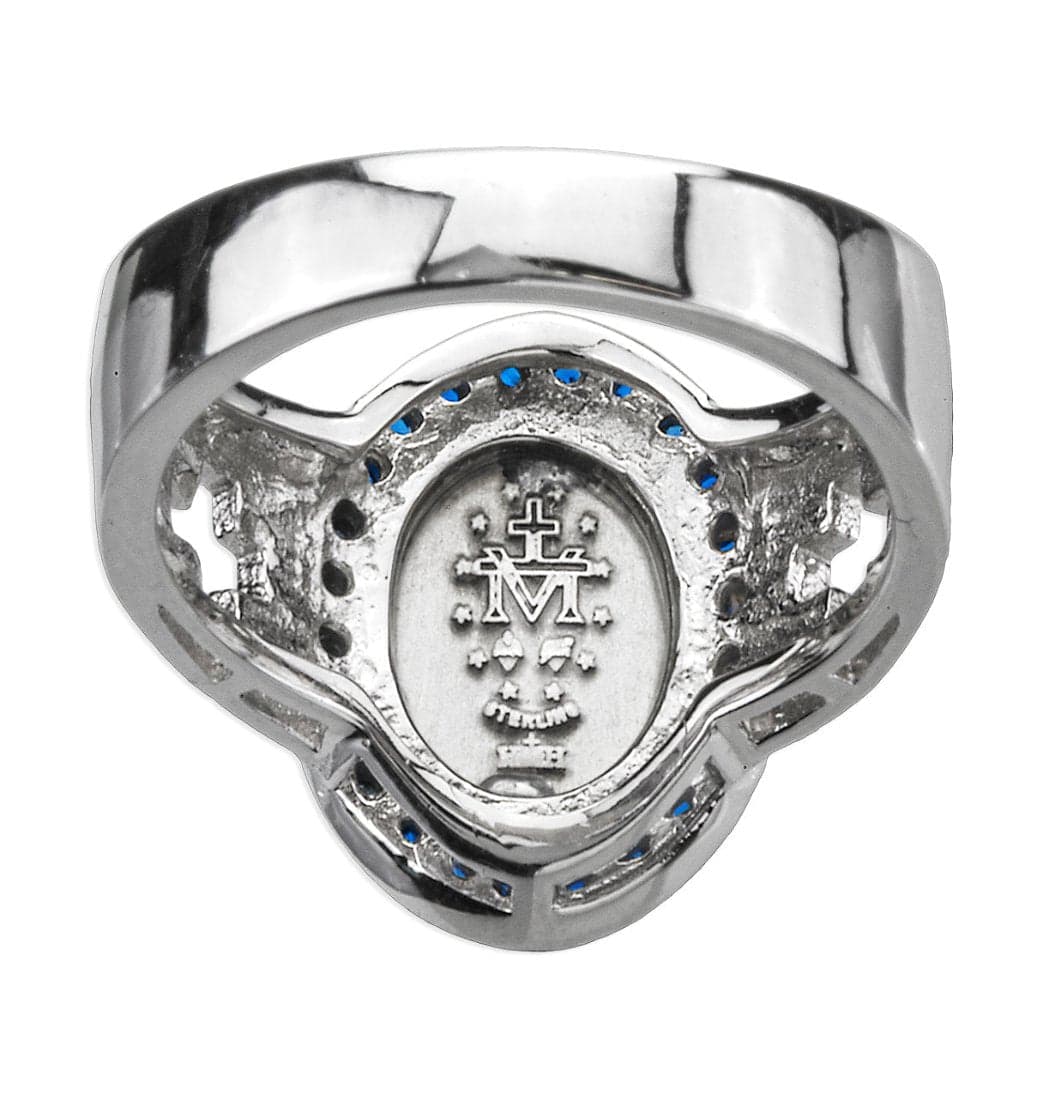 Back of HMH Religious Blue Zirconia Miraculous Sterling Silver Ring,