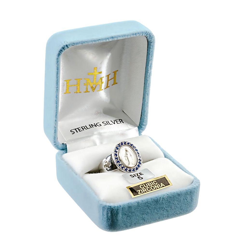 HMH Religious Blue Zirconia Miraculous Sterling Silver Ring in Box,