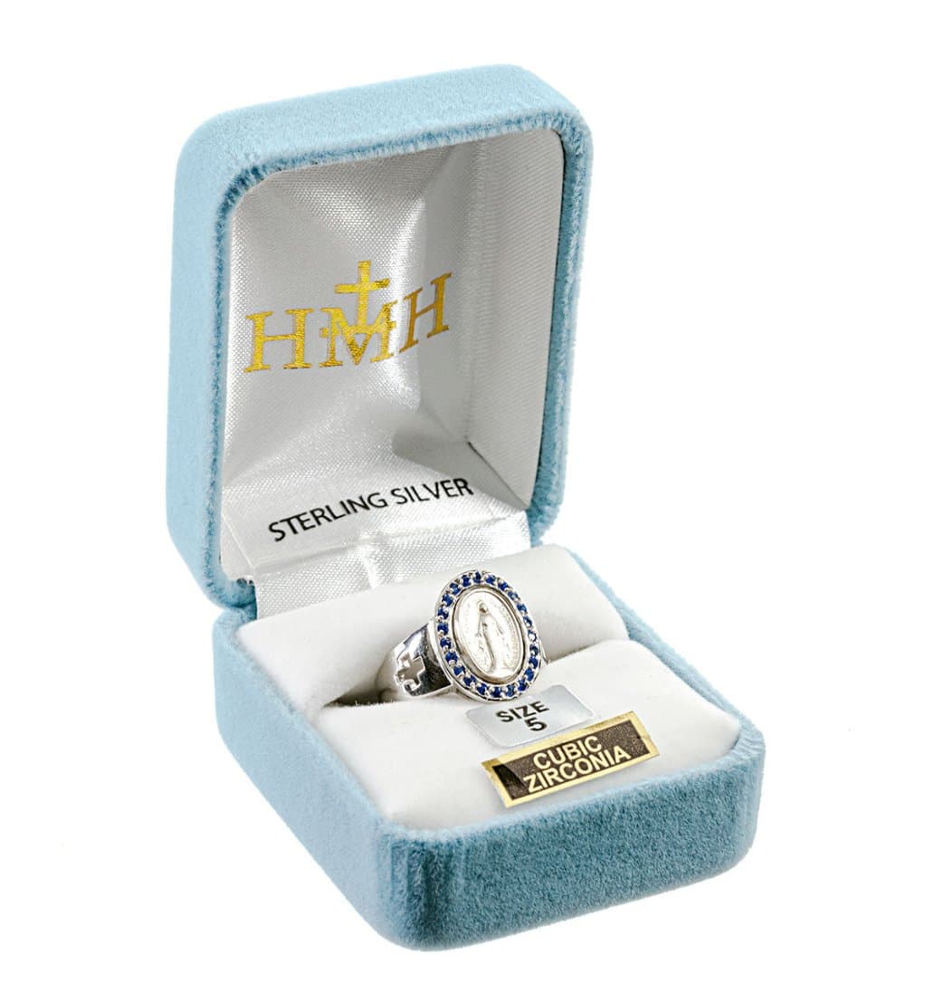 HMH Religious Blue Zirconia Miraculous Sterling Silver Ring in Box,