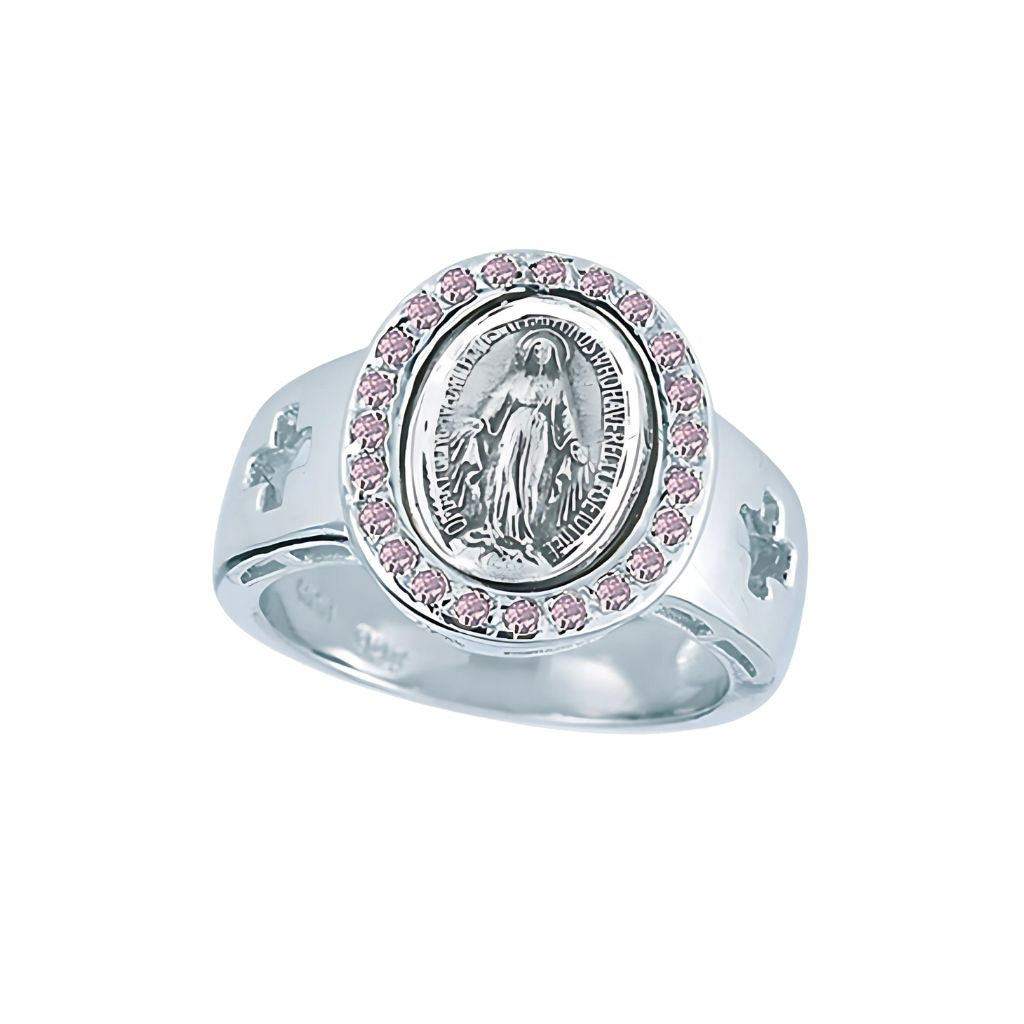 HMH Miraculous Medal Sterling Silver Pink Cubic Zirconia Ring