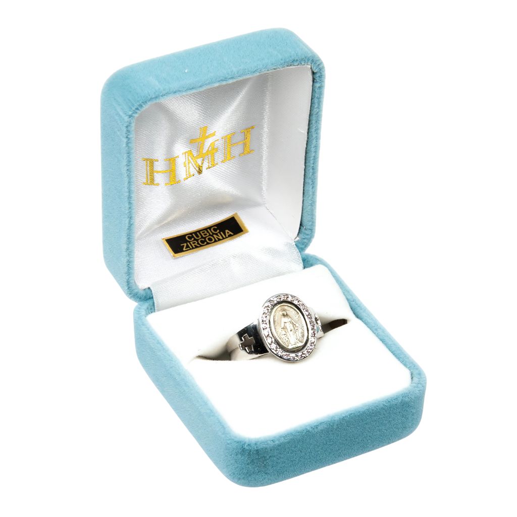 HMH Miraculous Medal Sterling Silver Pink Cubic Zirconia Ring in Gift Box