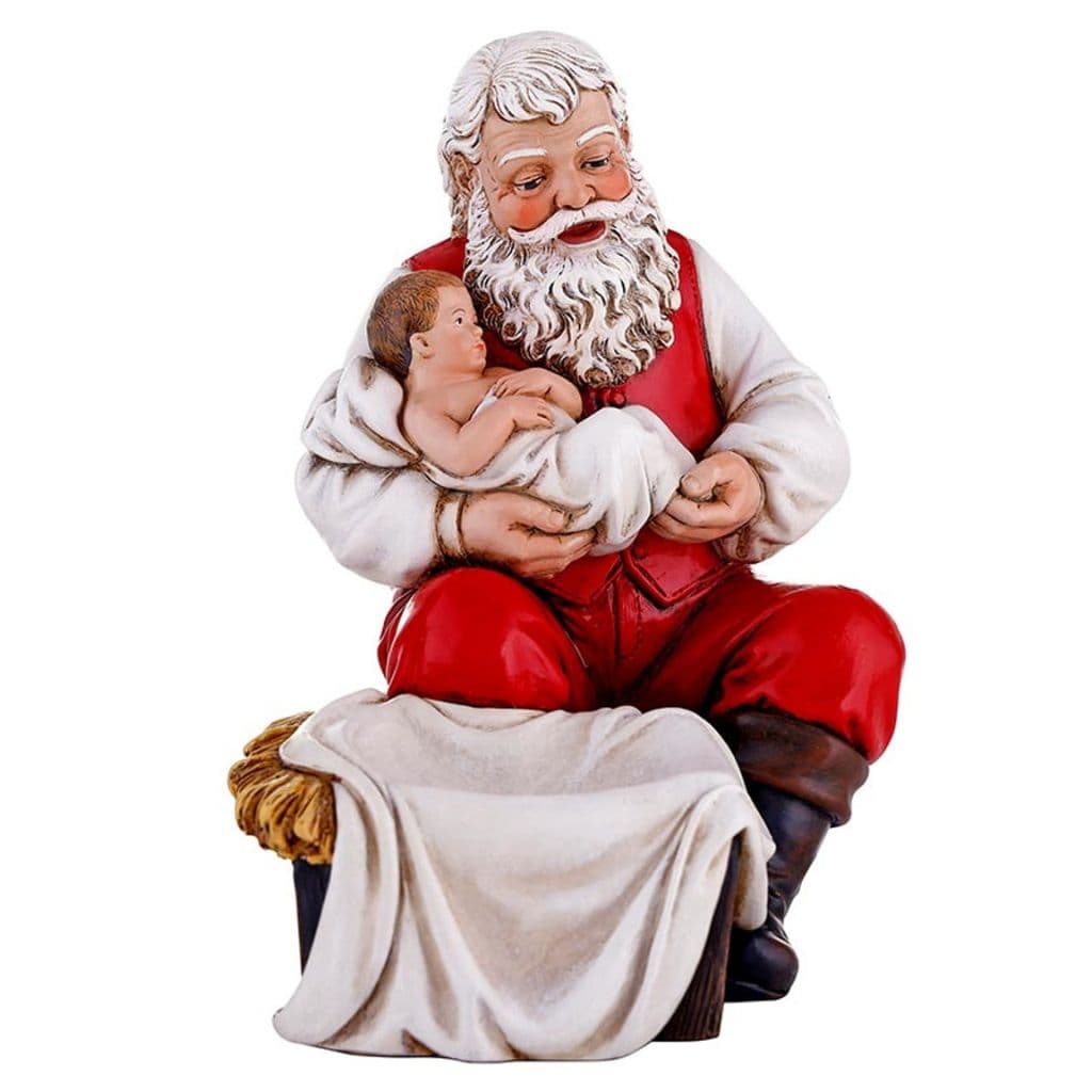 Avalon Gallery perfectly depicts the heartwarming scene of Santa in prayer, cradling Baby Jesus with tenderness.