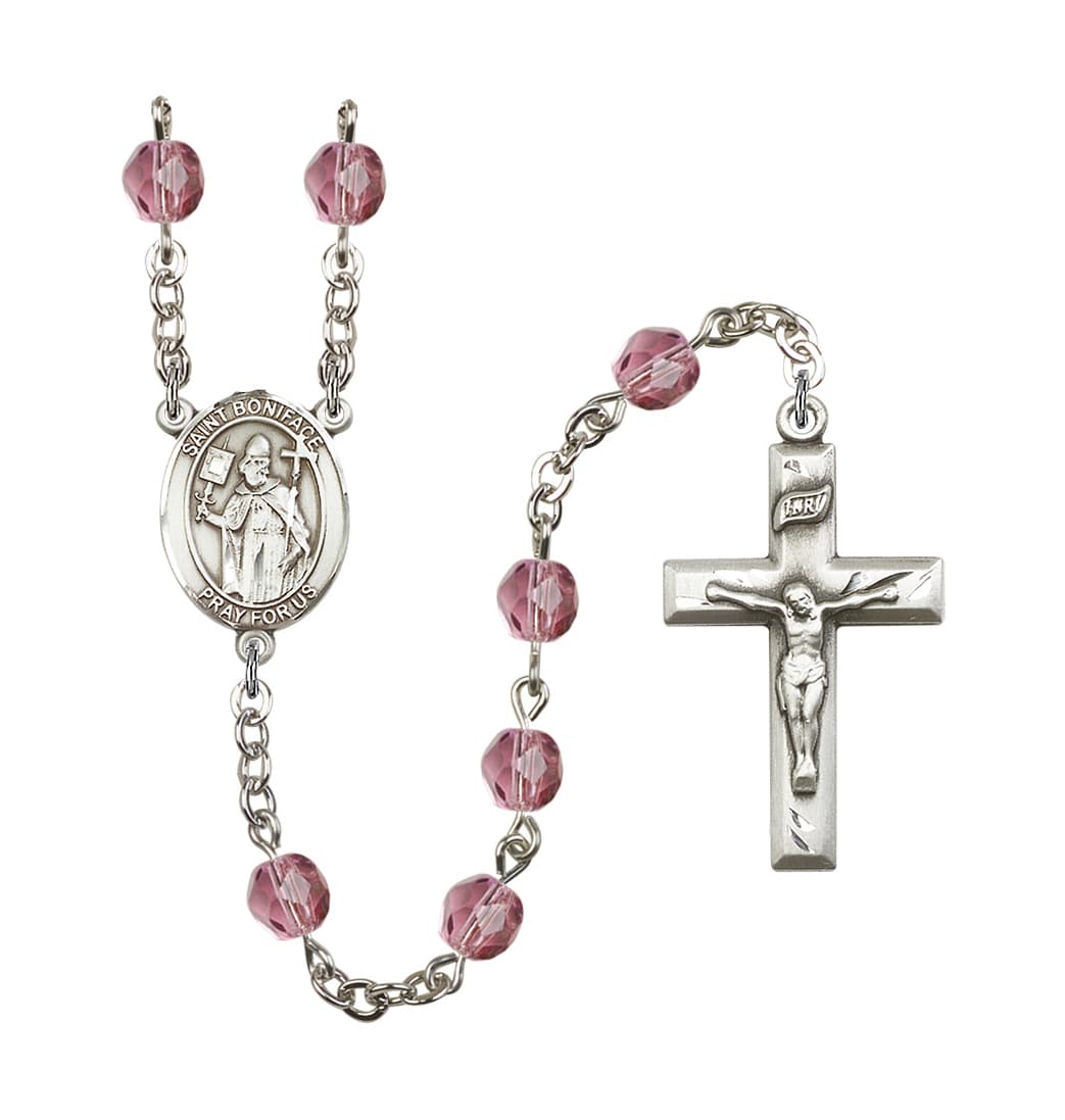 Bliss St Boniface Birthstone February-Amethyst Fire Polished Silver-Plated Rosary,