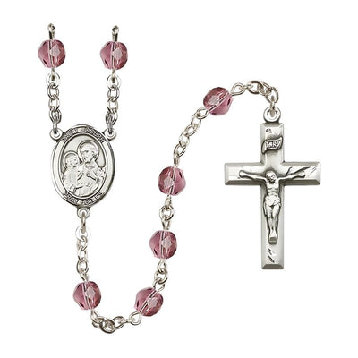 St. Joseph Rosary with Pewter Small Crucifix and Centerpiece, Birthstone 6mm Fire Polished Amethyst Beads for February