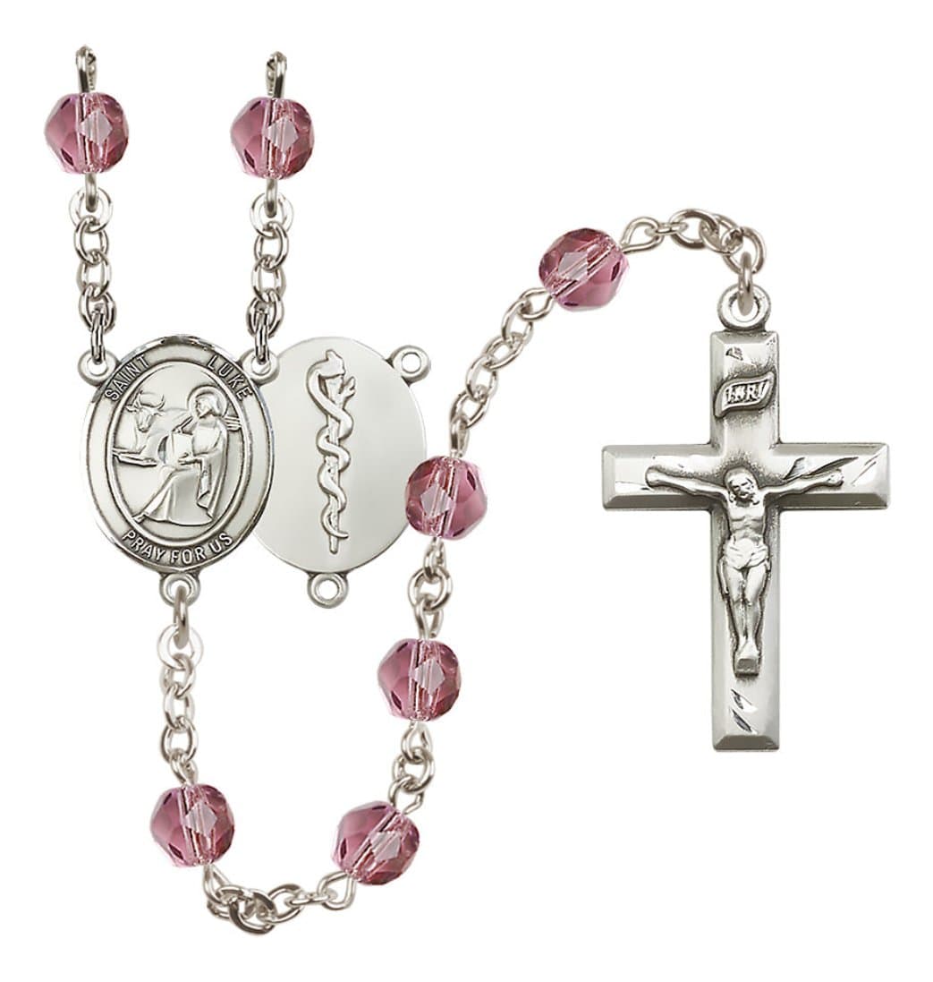 Bliss Silver Plated 6mm Fire Polished Saint Luke the Apostle / Doctor Rosary in Amethyst,