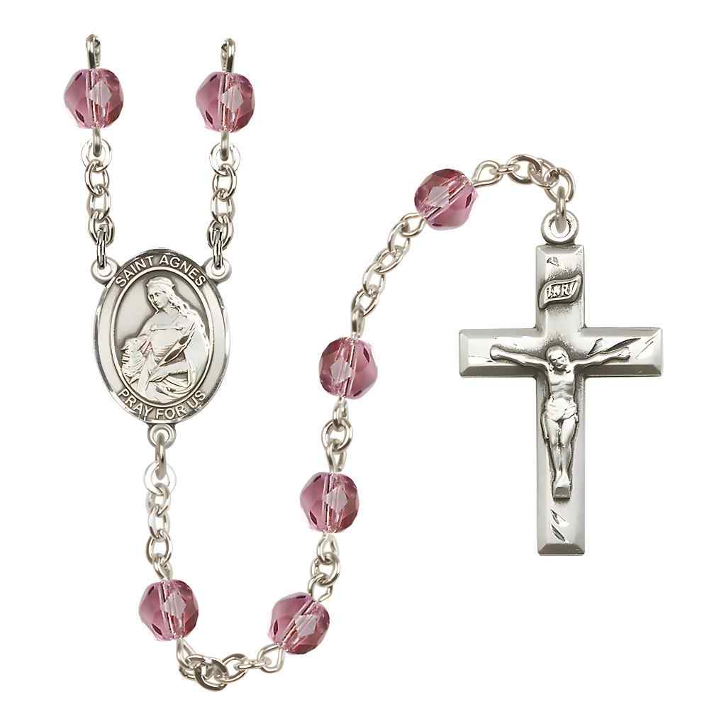 St. Agnes of Rome Rosary with Pewter Small Crucifix and Centerpiece, Birthstone 6mm Fire Polished Amethyst Beads for February