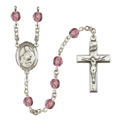 St. Agnes of Rome Rosary with Pewter Small Crucifix and Centerpiece, Birthstone 6mm Fire Polished Amethyst Beads for February