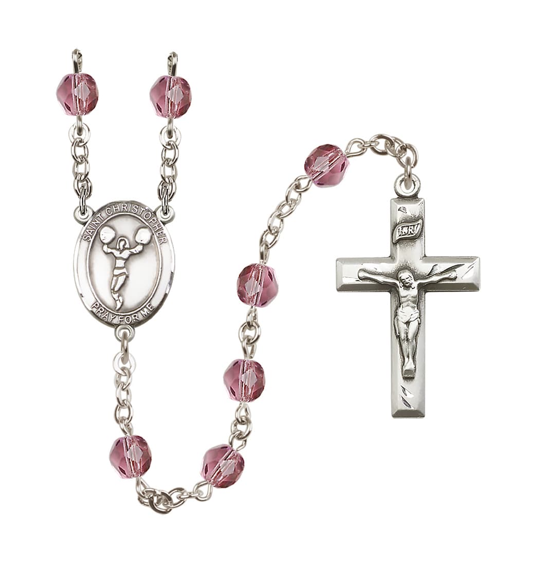 Bliss St Christopher Cheerleading 6mm Fire Polished Rosary in Amethyst Crystal,