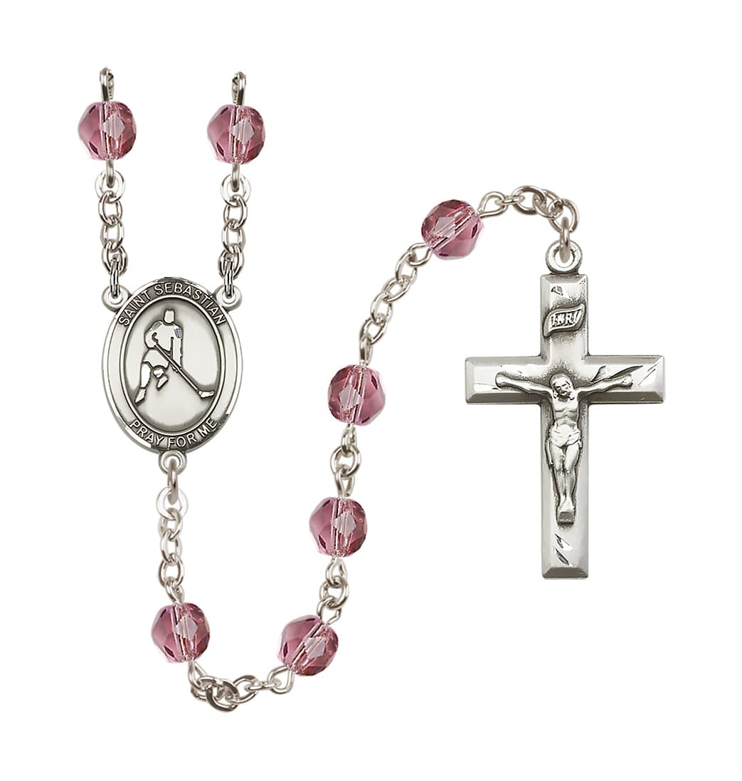 Bliss St Sebastian Ice Hockey 6mm Fire Polished Rosary in Amethyst,