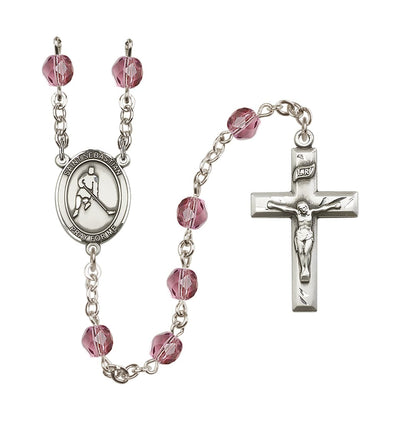 St Sebastian Ice Hockey 6mm Fire Polished Rosary in Amethyst, Bliss Manufacturing