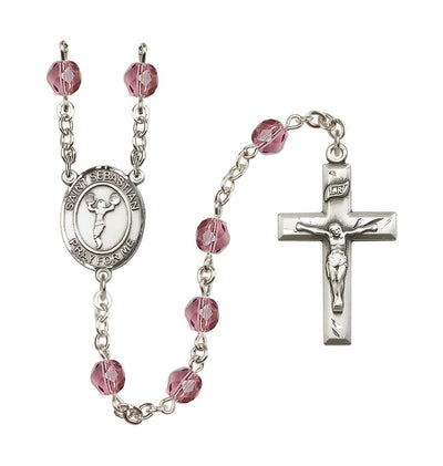 St Sebastian Cheerleading 6mm Feb/Amethyst Fire Polished Rosary, Bliss Manufacturing