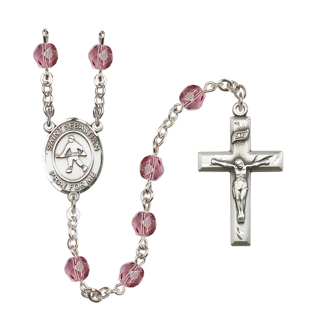 Bliss Silver Plated 6mm Fire Polished Saint Sebastian/Field Hockey Rosary in Amethyst,