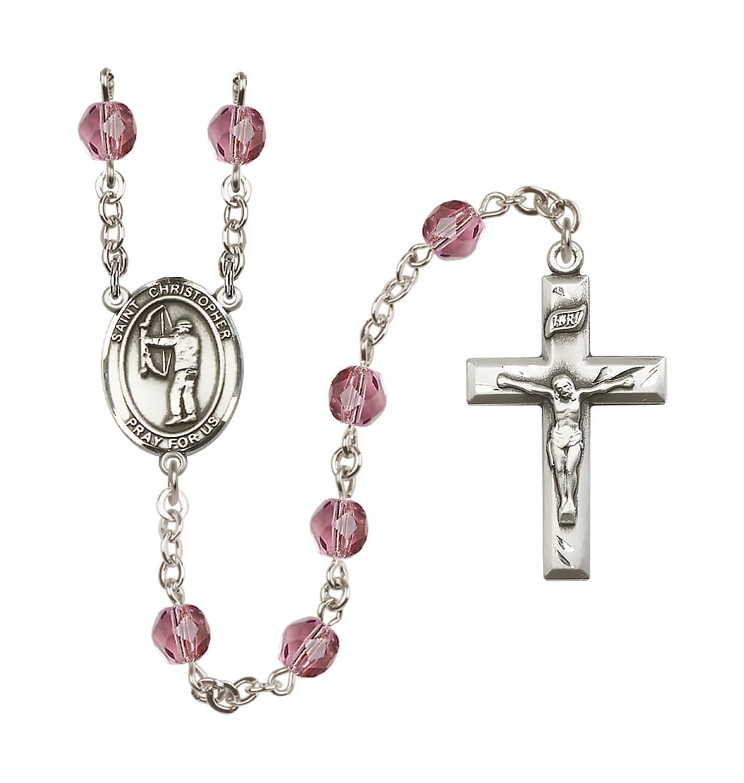 Bliss Feb/Amethyst St Christopher Archery 6mm Fire Polished Birthstone Rosary