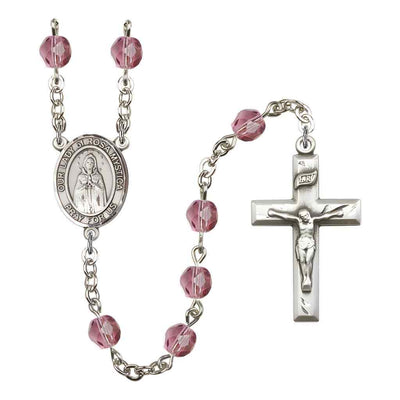 Our Lady of Rosa Mystica Rosary with Pewter Small Crucifix and Centerpiece, Birthstone 6mm Fire Polished Amethyst Beads for February