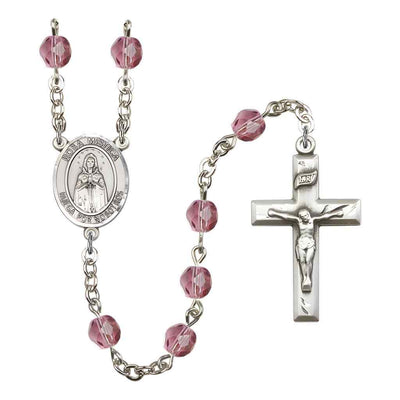 Spanish Rosa Mystica Rosary with Pewter Small Crucifix and Centerpiece, Birthstone 6mm Fire Polished Amethyst Beads for February