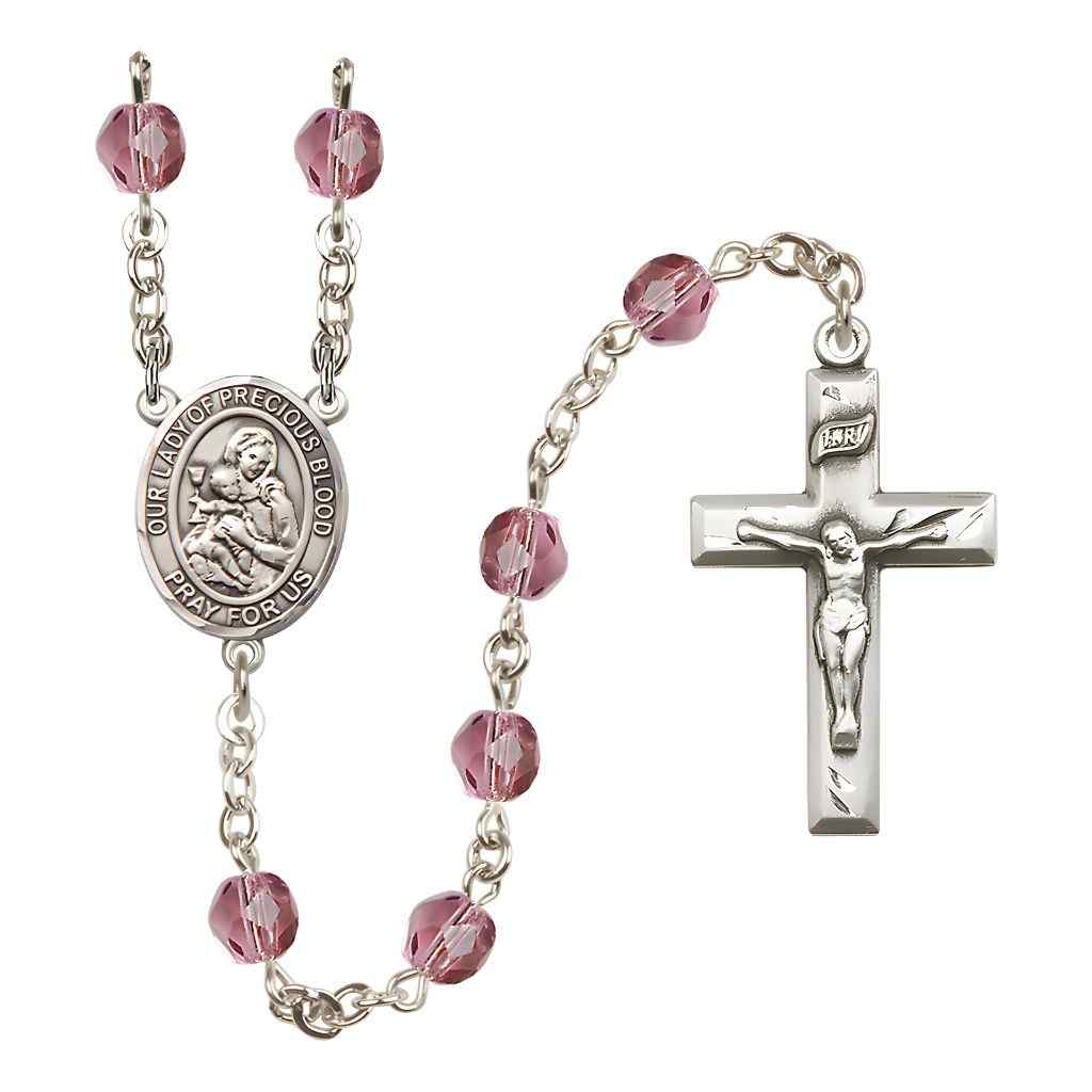 Our Lady of the Precious Blood Rosary with Pewter Small Crucifix and Centerpiece, Birthstone 6mm Fire Polished Amethyst Beads for February