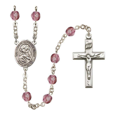 Our Lady of the Precious Blood Rosary with Pewter Small Crucifix and Centerpiece, Birthstone 6mm Fire Polished Amethyst Beads for February