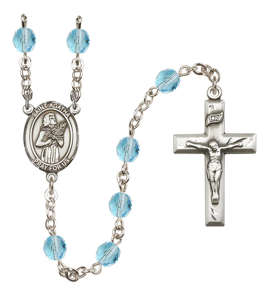 Bliss Small Child's St Agnes of Rome Birthstone Fire Polished Crystal Rosary in Aqua,