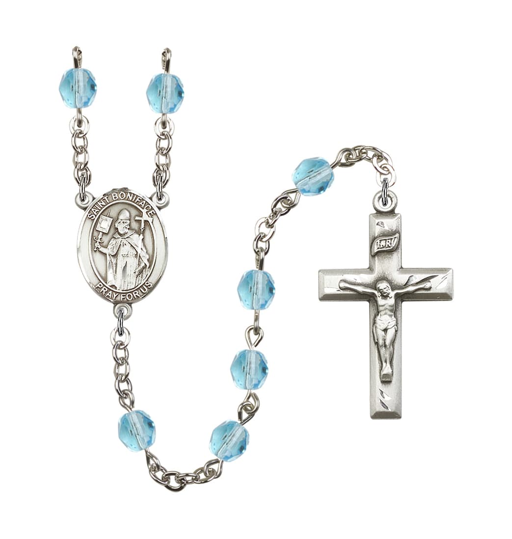 Bliss St Boniface Birthstone March Aqua Fire Polished Silver-Plated Rosary,