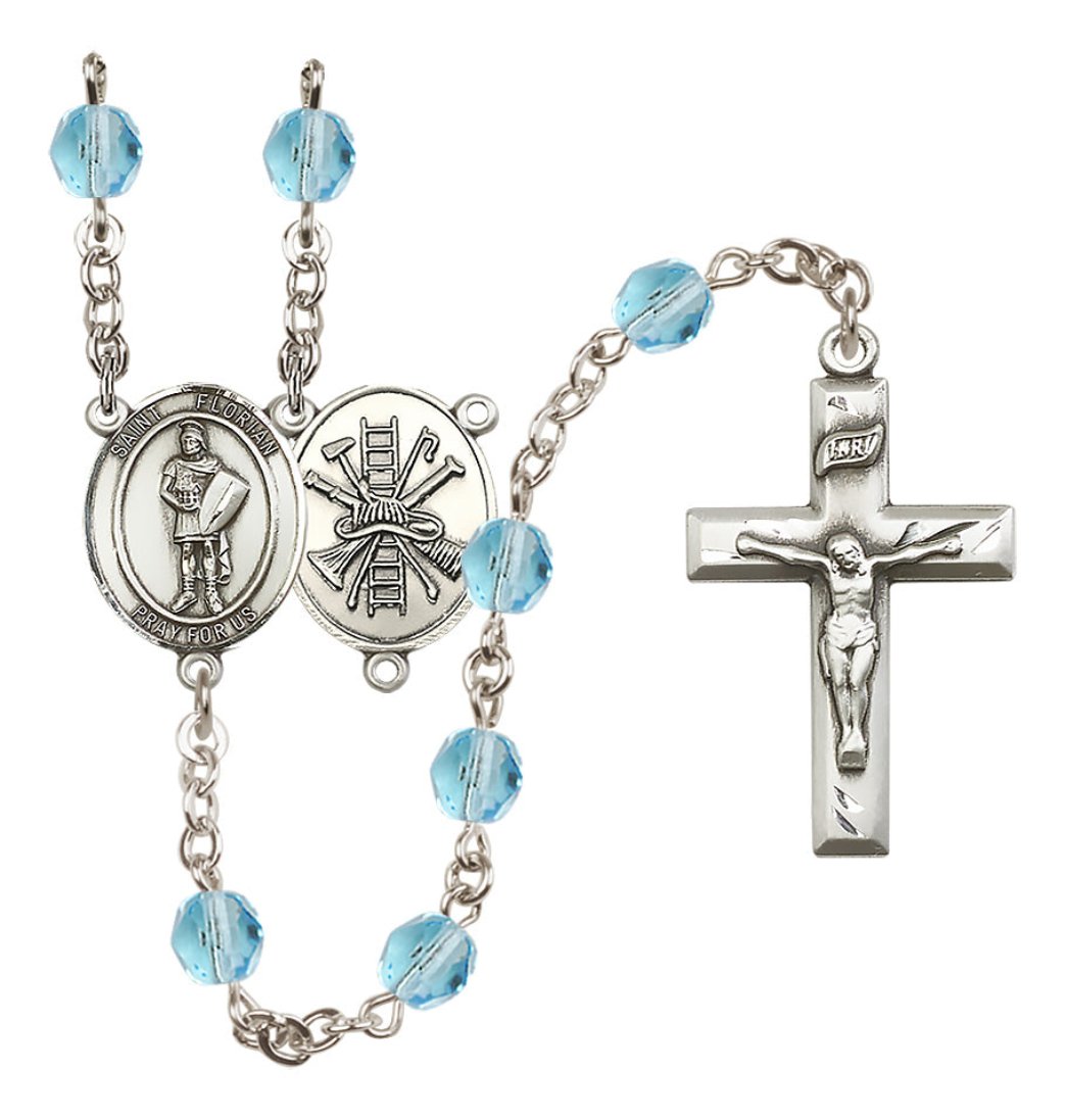 Bliss St Florian Firefighter Center Fire Polished Birthstone Rosary,Birthstone Aqua March,