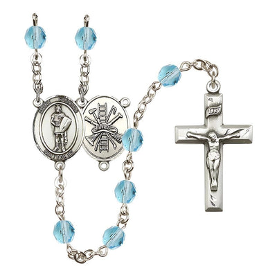 St Florian Firefighter Center Fire Polished Birthstone Rosary, Birthstone Aqua March, Bliss Manufacturing