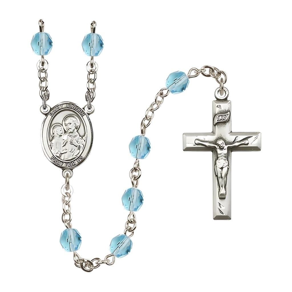 St. Joseph Rosary with Pewter Small Crucifix and Centerpiece, Birthstone 6mm Fire Polished Aqua Beads for March