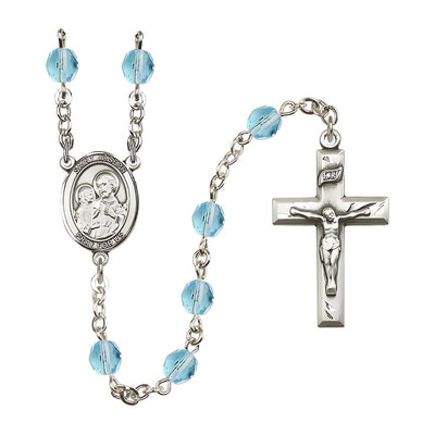 St. Joseph Rosary with Pewter Small Crucifix and Centerpiece, Birthstone 6mm Fire Polished Aqua Beads for March