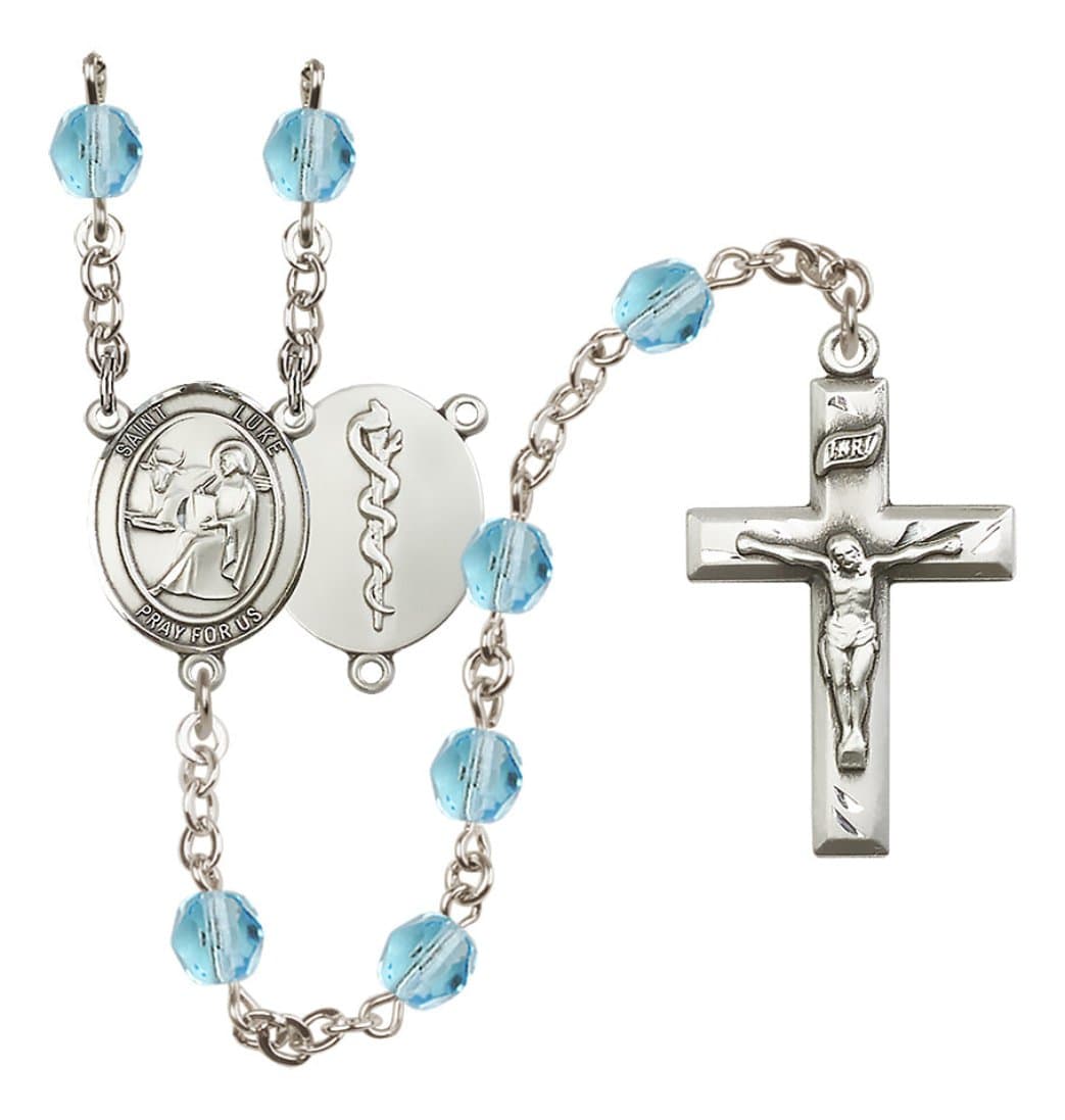 Bliss Silver Plated 6mm Fire Polished Saint Luke the Apostle / Doctor Rosary in Aqua,