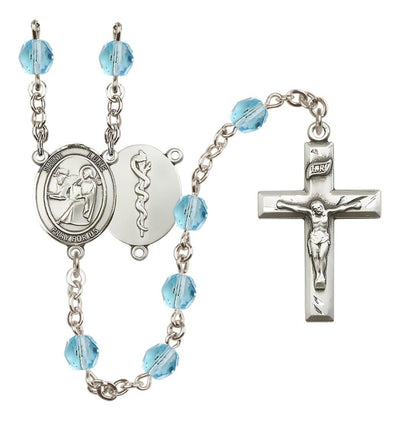 Silver Plated 6mm Fire Polished Saint Luke the Apostle / Doctor Rosary in Aqua, Bliss Manufacturing