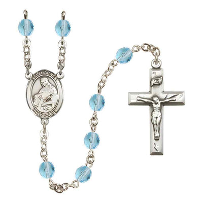 St. Agnes of Rome Rosary with Pewter Small Crucifix and Centerpiece, Birthstone 6mm Fire Polished Aqua Beads for March