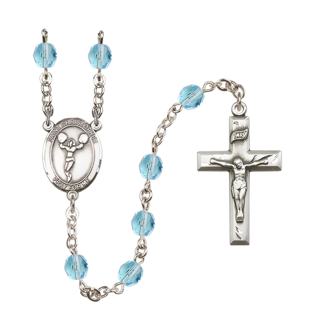 Bliss St Christopher Cheerleading 6mm Fire Polished Rosary in Aqua Crystal,