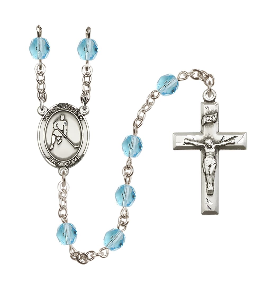 Bliss St Sebastian Ice Hockey 6mm Fire Polished Rosary in Aqua,