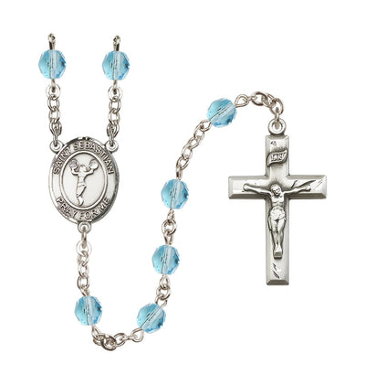 St Sebastian Cheerleading 6mm Mar/Aqua Fire Polished Rosary, Bliss Manufacturing