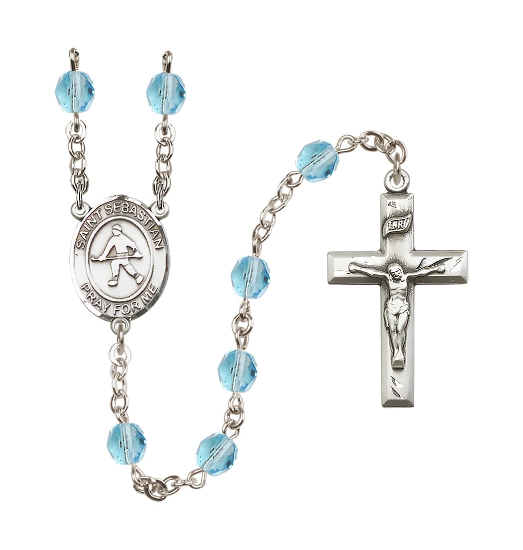 Bliss Silver Plated 6mm Fire Polished Saint Sebastian/Field Hockey Rosary in Aqua,