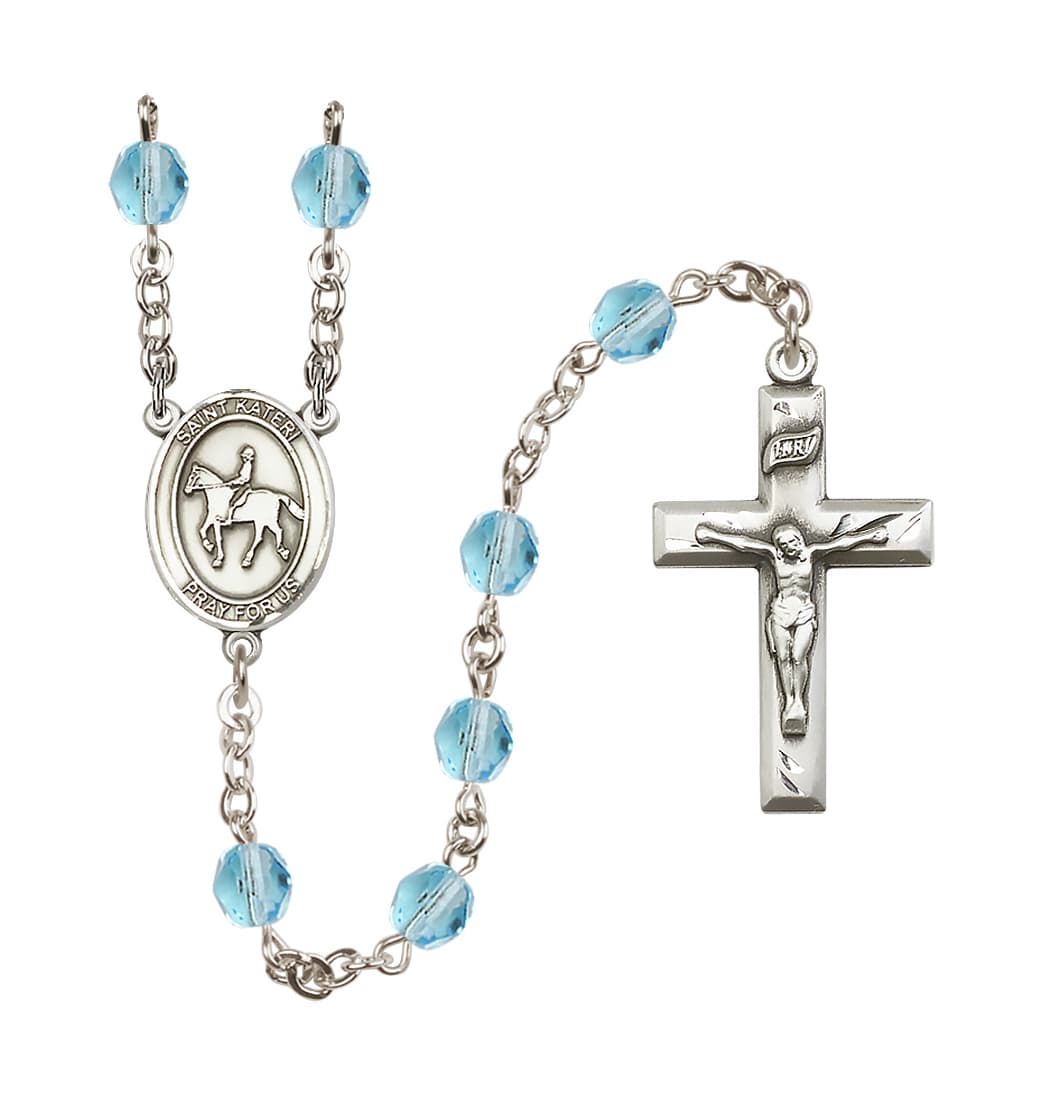 Bliss March/Aqua Birthstone St Kateri Equestrian 6mm Fire Polished Rosary,