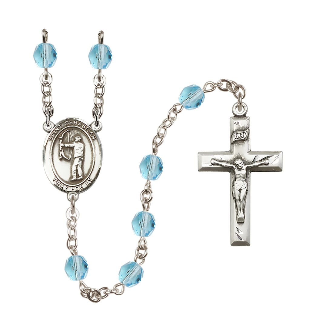 Bliss St Sebastian Archery 6mm Fire Polished Rosary in Aqua,