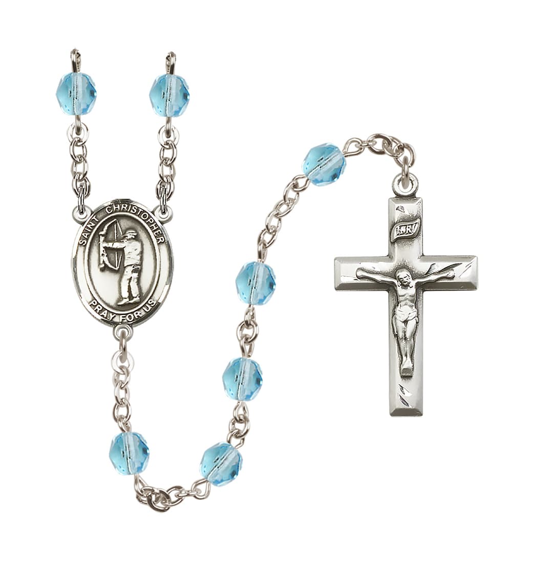 Bliss March/Aqua St Christopher Archery 6mm Fire Polished Birthstone Rosary,