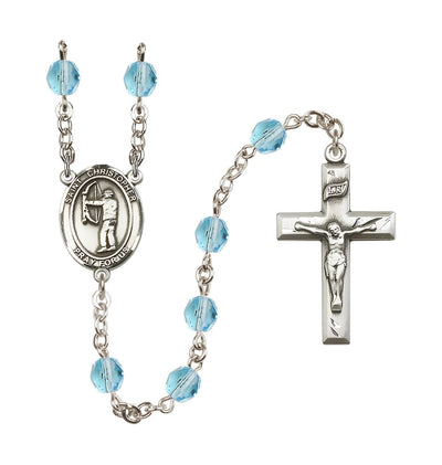 March/Aqua St Christopher Archery 6mm Fire Polished Birthstone Rosary, Bliss Manufacturing