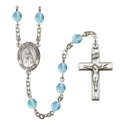 Our Lady of Rosa Mystica Rosary with Pewter Small Crucifix and Centerpiece, Birthstone 6mm Fire Polished Aqua Beads for March