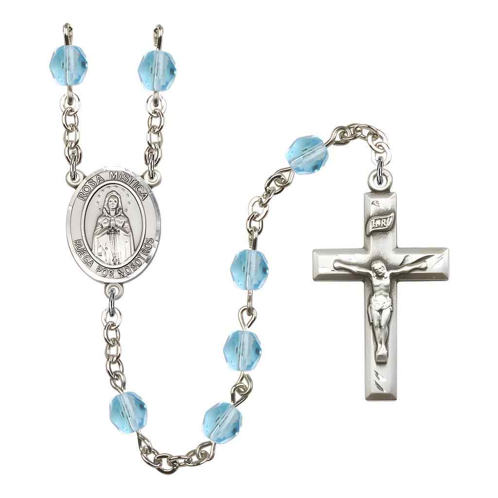 Spanish Rosa Mystica Rosary with Pewter Small Crucifix and Centerpiece, Birthstone 6mm Fire Polished Aqua Beads for March