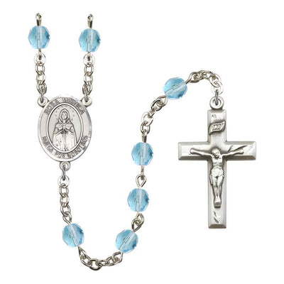Spanish Rosa Mystica Rosary with Pewter Small Crucifix and Centerpiece, Birthstone 6mm Fire Polished Aqua Beads for March