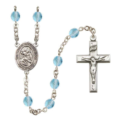 Our Lady of the Precious Blood Rosary with Pewter Small Crucifix and Centerpiece, Birthstone 6mm Fire Polished Aqua Beads for March