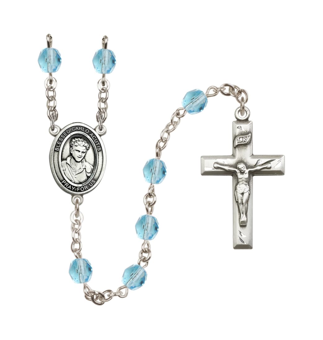 Bliss Child's Blessed Carlo Acutis Birthstone Crystal Rosary,Aqua/March,