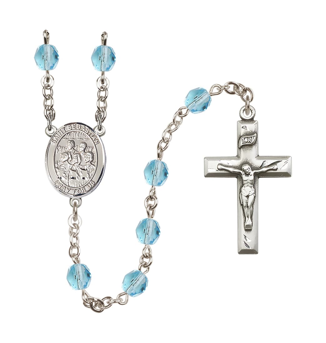 Bliss St Sebastian Choir 6mm Fire Polished March Aqua Birthstone Rosary,